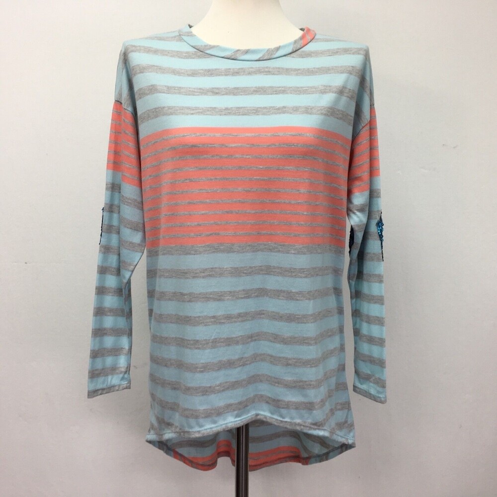 Kate‎ Collection Women's Top Medium Pink Gray Blue Striped Sequin Elbow Patches